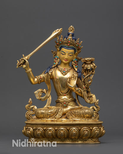 Front view Tibetan Bodhisattva Manjushree Statue on gold fire-gilded lotus seat