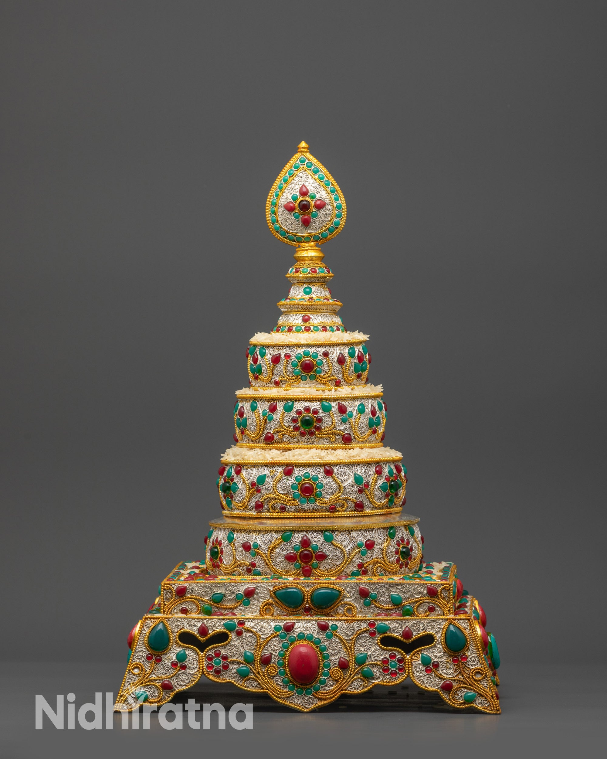 Front view Tibetan Buddhist Mandala with silver & gold-plated filigree and semi-precious stones
