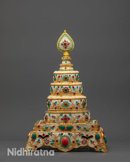 Front view Tibetan Buddhist Mandala with silver & gold-plated filigree and semi-precious stones
