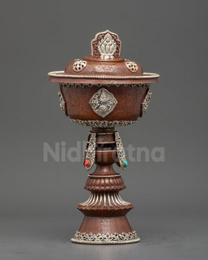 Front view Tibetan Butter Lamp, copper with silver plating and auspicious Buddhist symbols