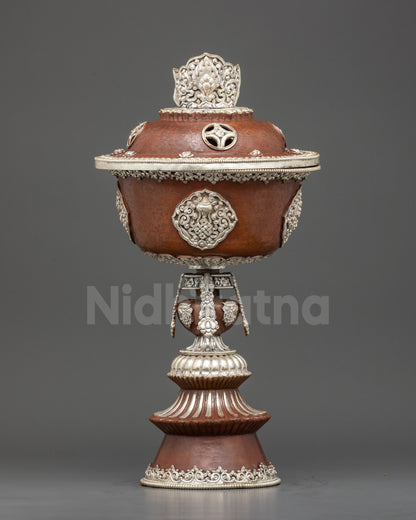 Front view Tibetan Butter Lamp copper with silver plating, intricate floral designs, Buddhist symbols