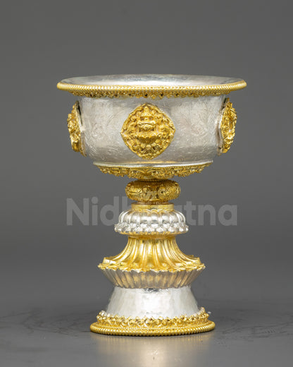 Front view Tibetan Butter Lamp gold and silver plated copper for altar and rituals