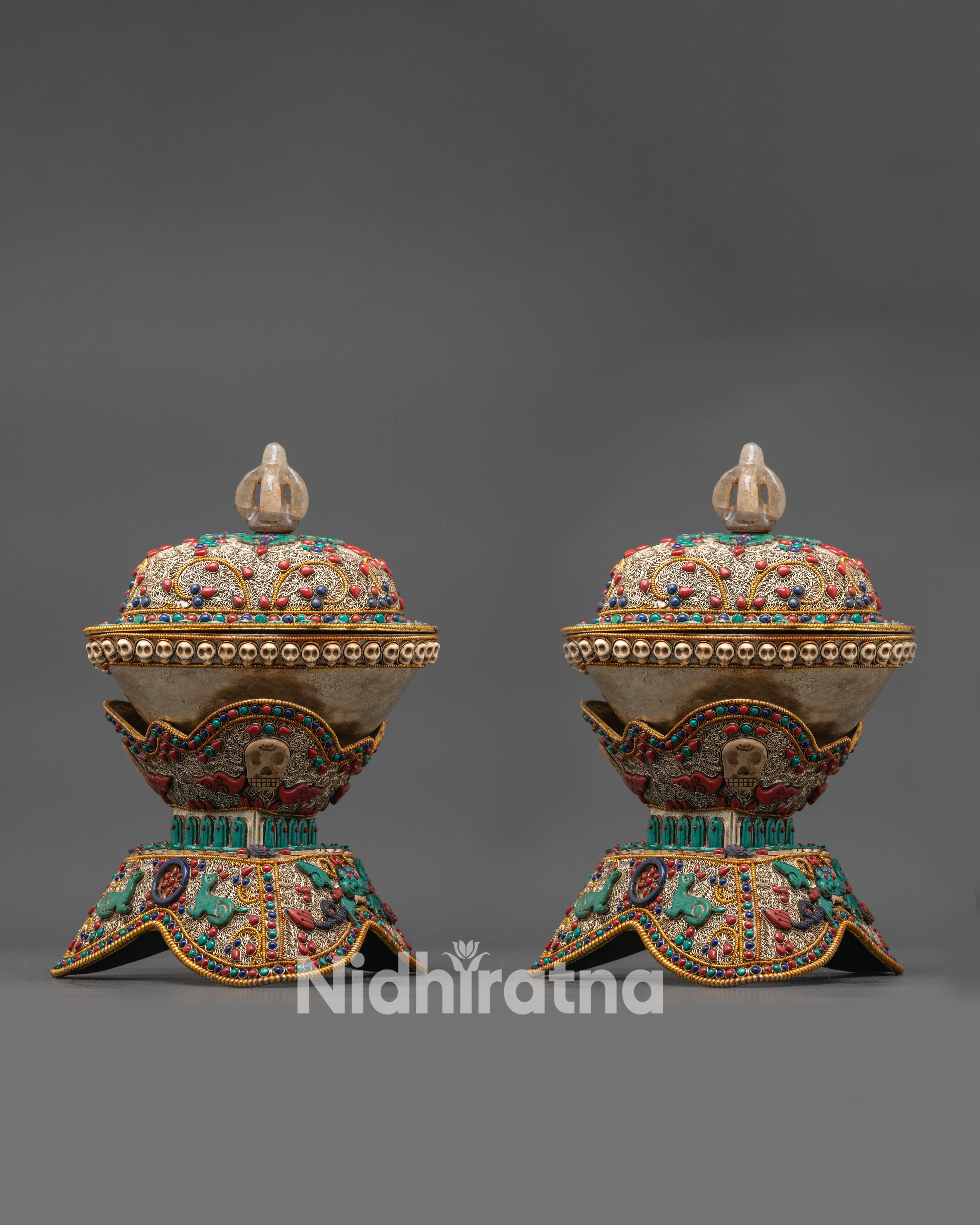 Front view Tibetan Copper Kapala Set with silver plating and gemstone inlays
