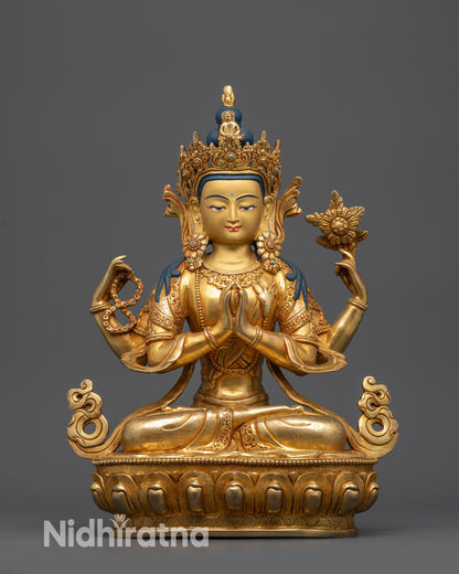Front view Tibetan Four-Armed Chenrezig Statue on lotus seat with gilded face