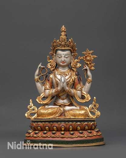 Front view Tibetan Four-Armed Chenrezig Statue with gold-plated robe and lotus seat