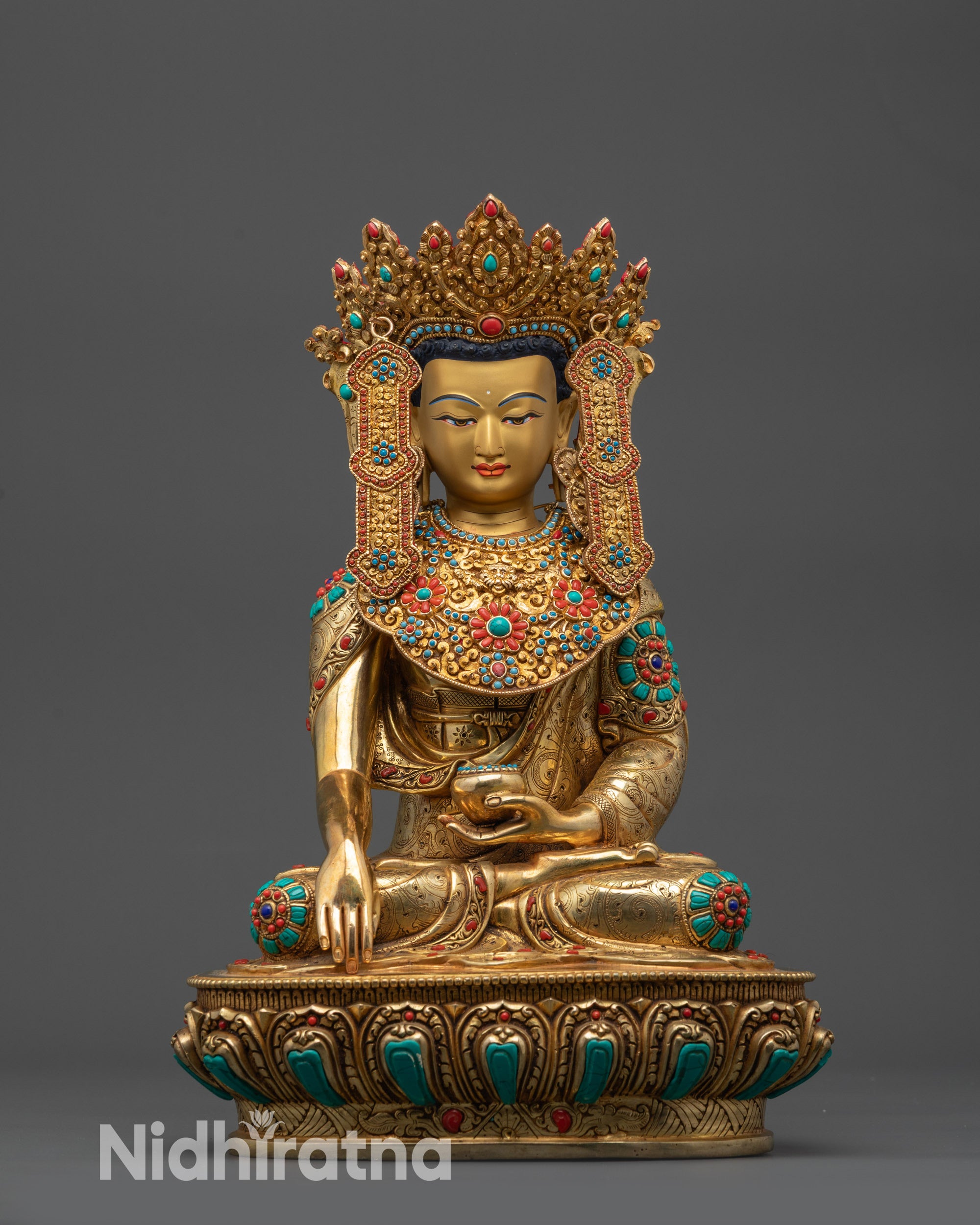 Front view Tibetan Jowo Rinpoche Buddha statue on lotus pedestal with gold crown