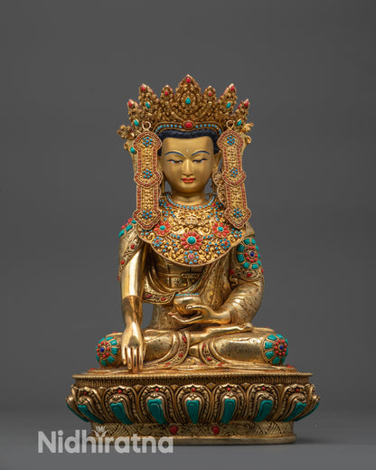 Front view Tibetan Jowo Rinpoche Buddha statue on lotus pedestal with gold crown