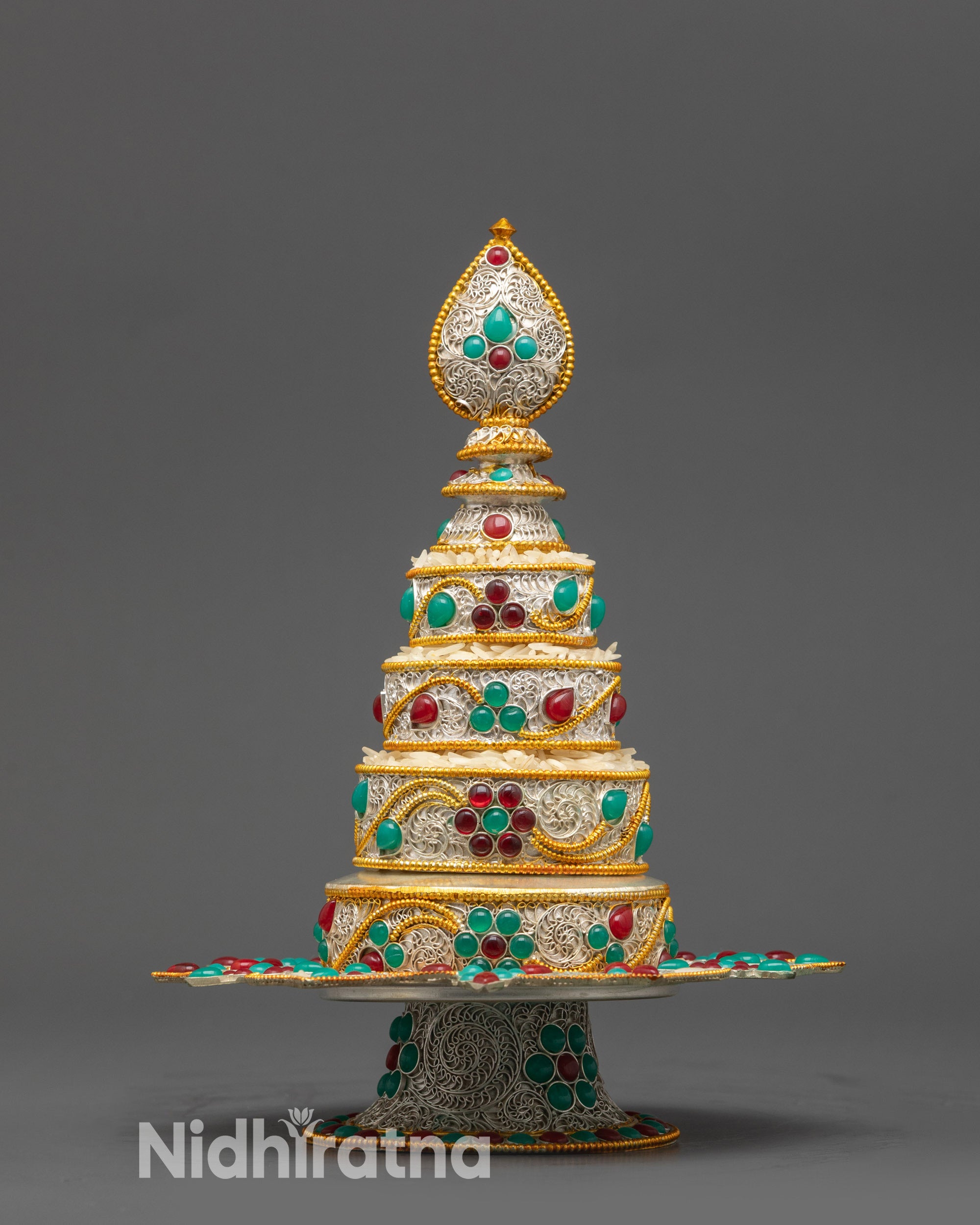 Front view Tibetan Mandala 3 inch with silver filigree and gemstone adornments
