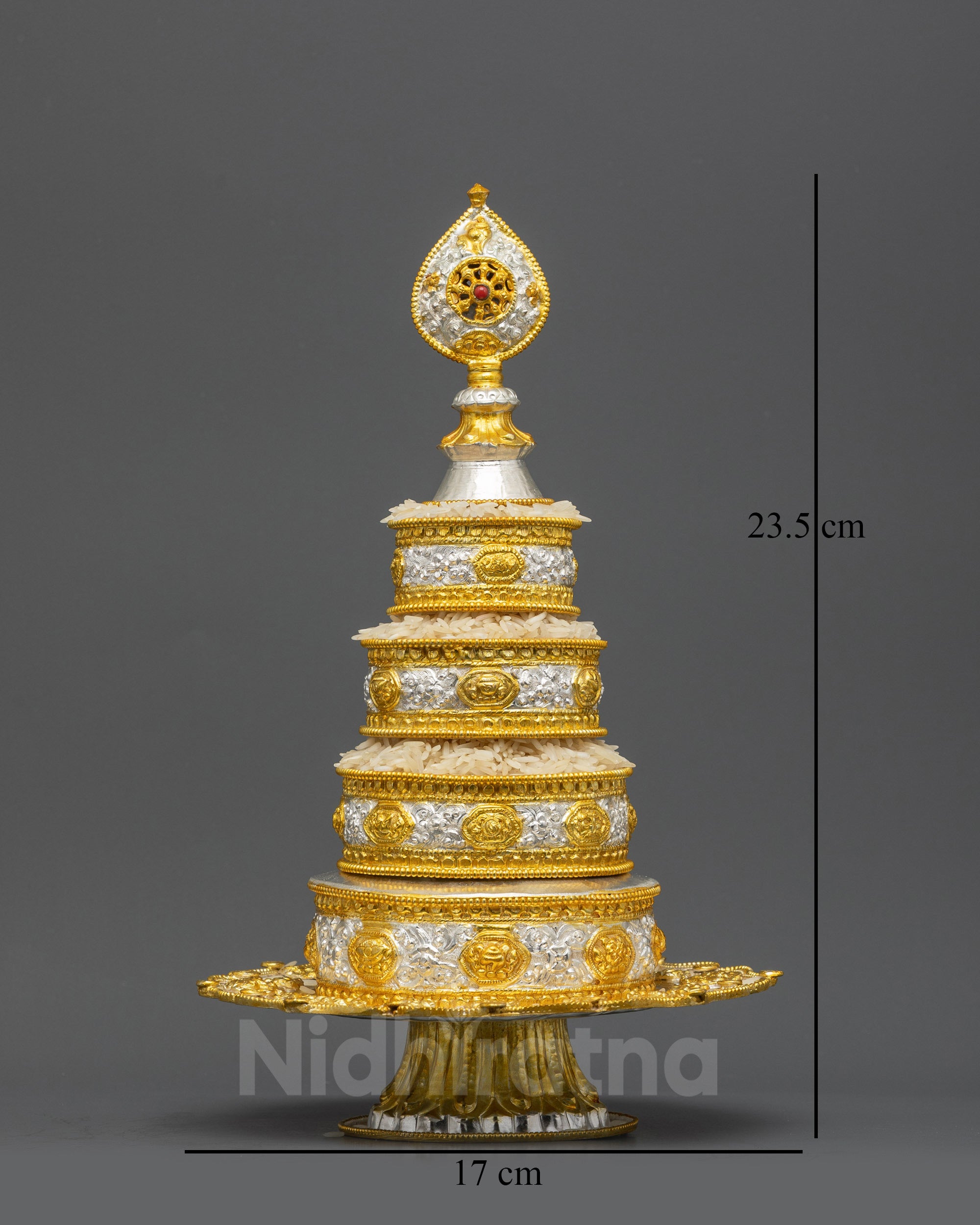 Front view Tibetan Mandala offering set with gold-plated auspicious symbols and pedestal