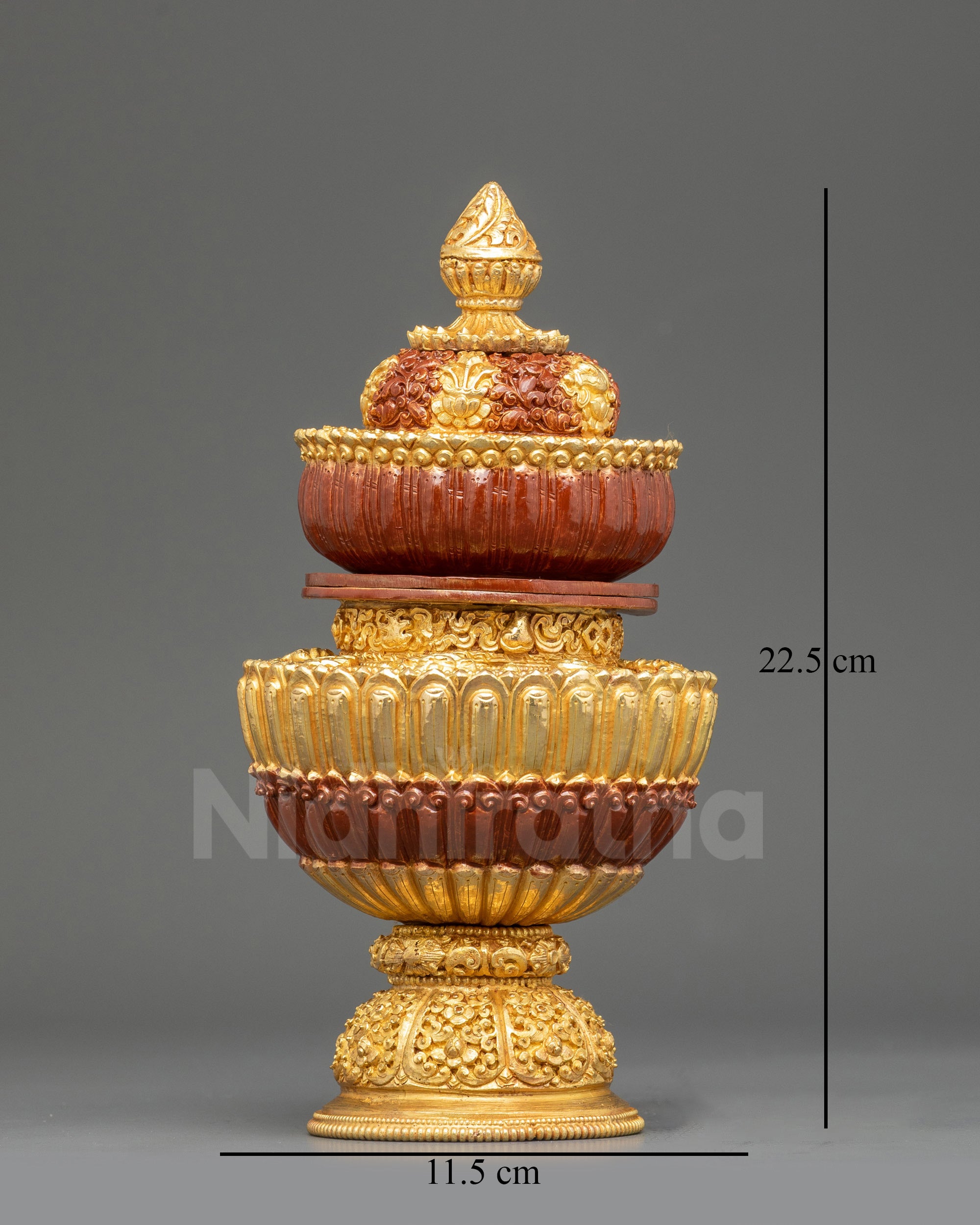 Front view Tibetan Neshi Rice Pot, gold-plated copper with hand-painted acrylic details