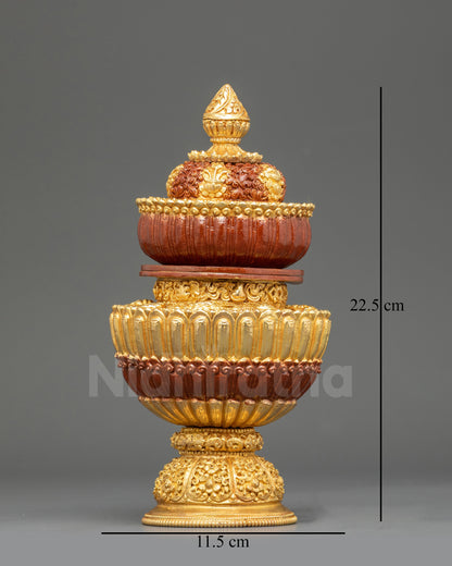 Front view Tibetan Neshi Rice Pot, gold-plated copper with hand-painted acrylic details