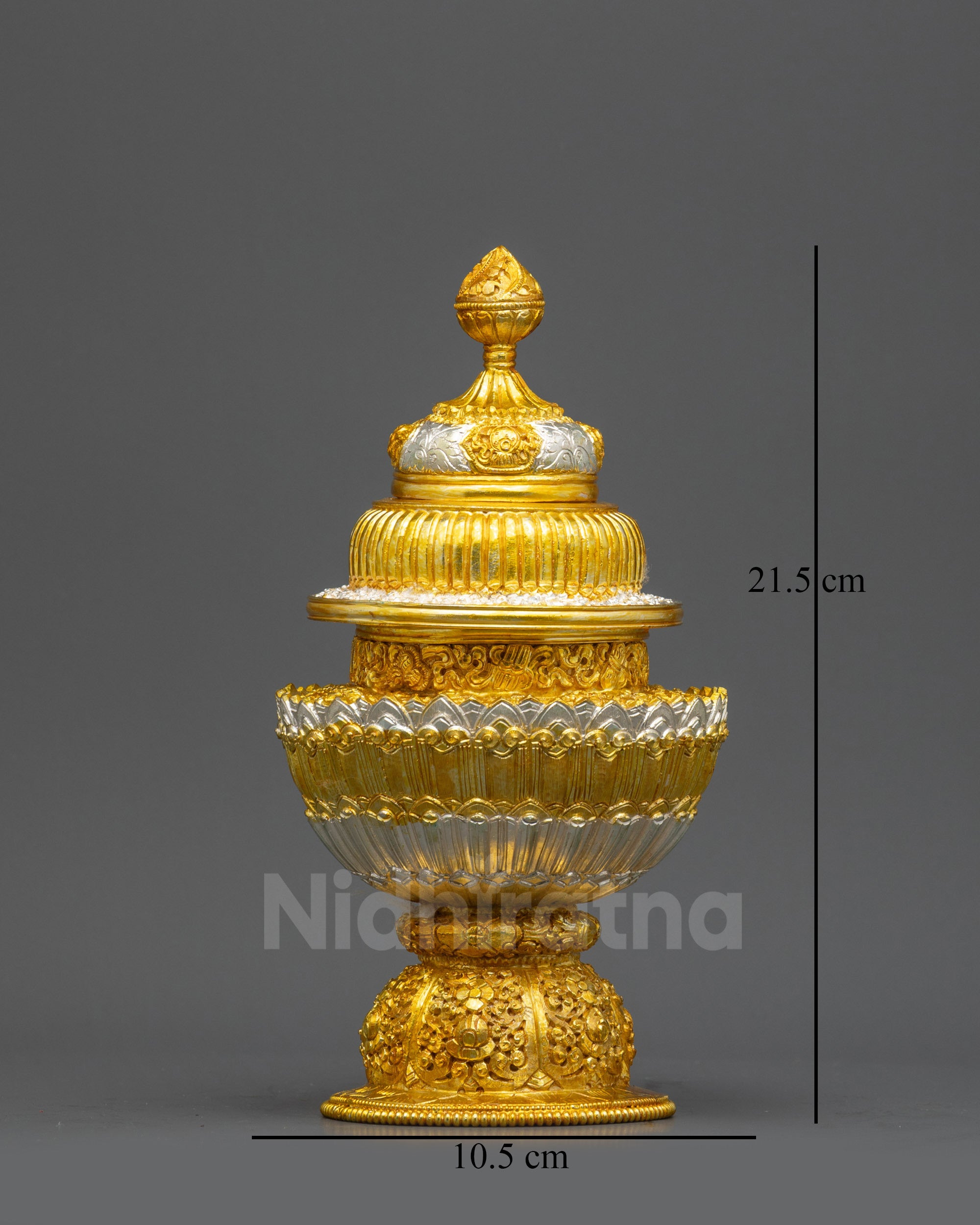 Front view Tibetan Neshi Rice Pot with gold and silver plating on copper pedestal base