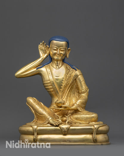 Front view Tibetan Sage Milarepa Statue with gold fire-gilded base and deer skin seat
