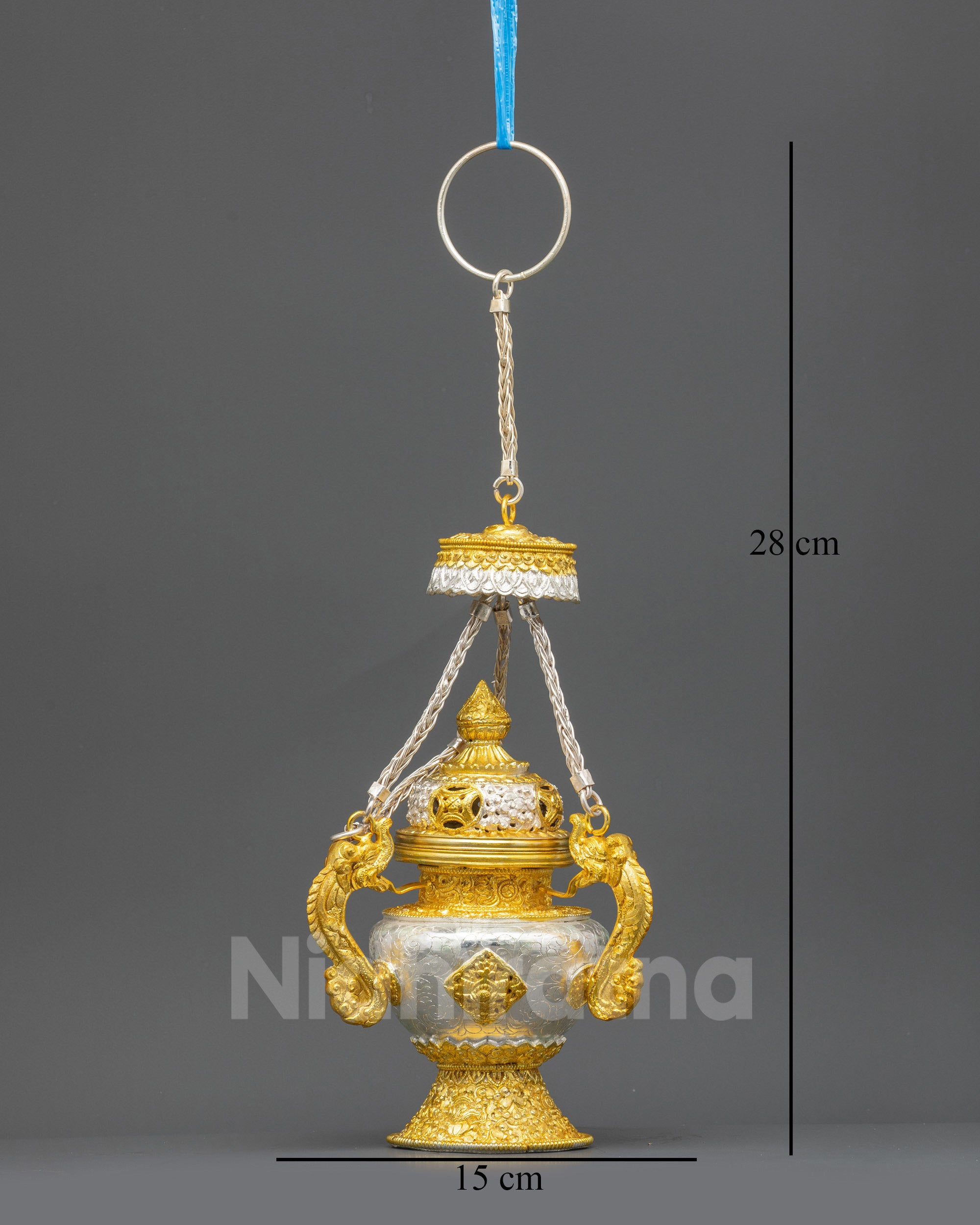Front view Tibetan Sangbour incense burner with dragon handle gold silver plated copper