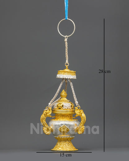 Front view Tibetan Sangbour incense burner with dragon handle gold silver plated copper