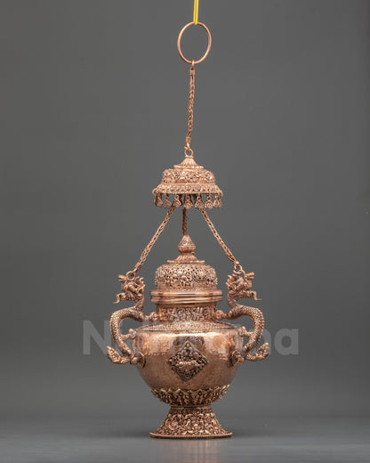 Front view Tibetan Sangbur incense burner for Sang offerings, handcrafted copper ritual burner Nepal