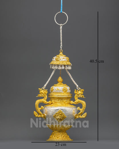 Front view Tibetan Sangbur incense burner gold silver-plated copper with dragon handle