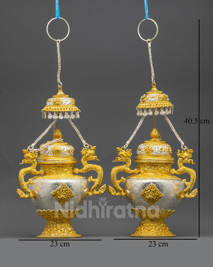 Front view Tibetan Sangbur twin incense burner set gold silver-plated copper dragon handles