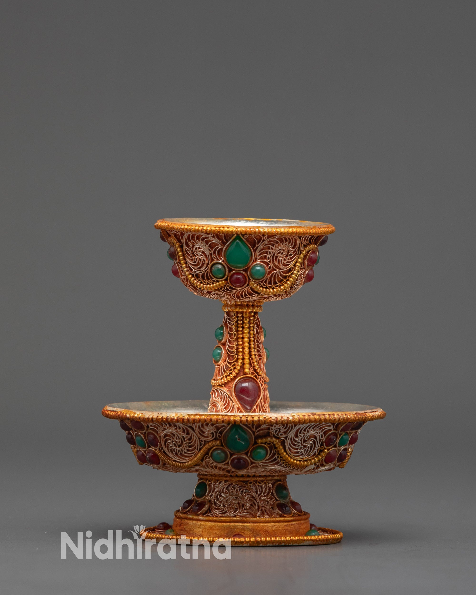 Front view Tibetan Serkyem Offering Bowl with gold filigree and gemstones
