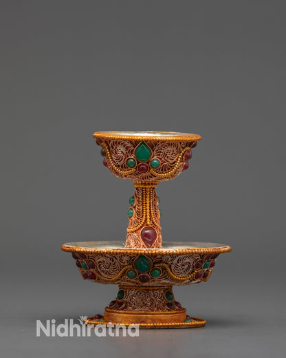 Front view Tibetan Serkyem Offering Bowl with gold filigree and gemstones
