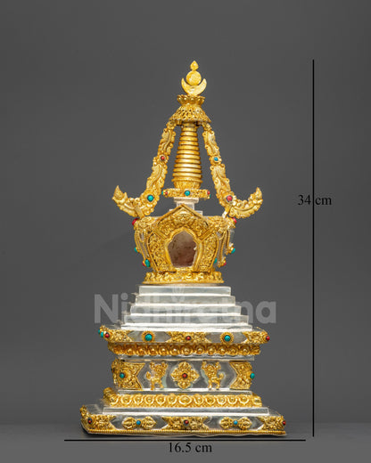 Front view Tibetan Stupa gold silver plated copper with semi-precious stones altar decor
