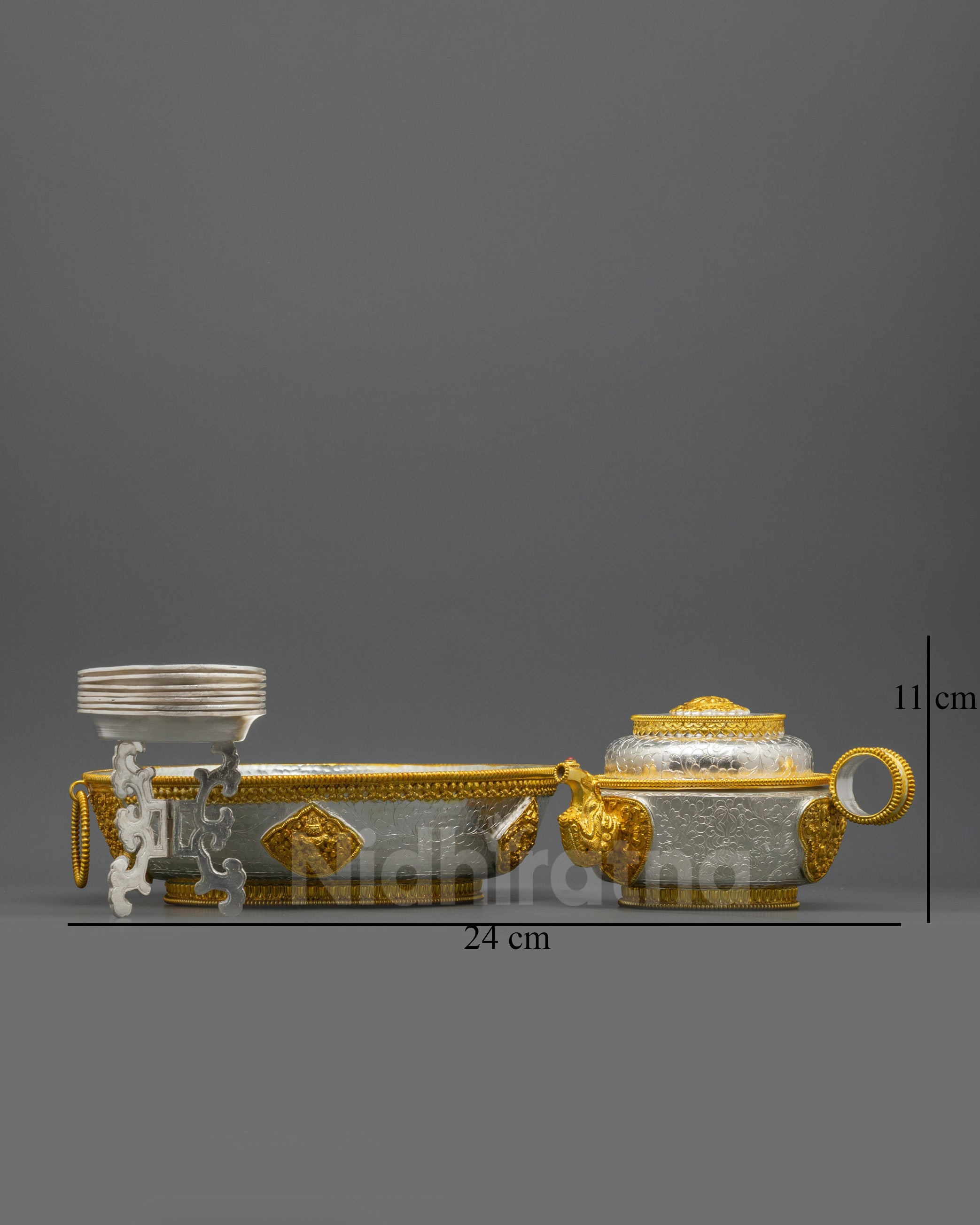 Front view Tibetan Torjang Offering Plate Set with tea pot, auspicious plate, and bowls