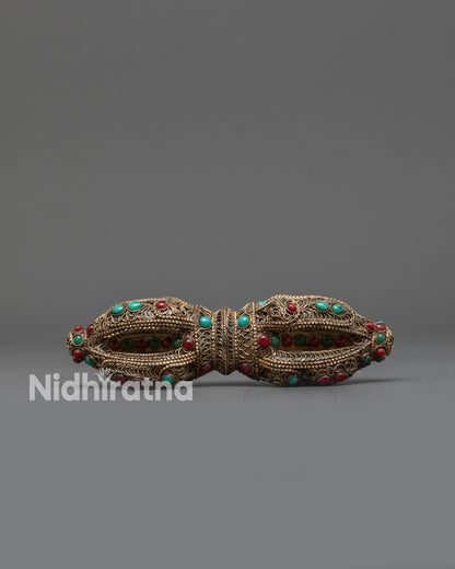 Front view Tibetan Vajra Dorje with crystal core and semi-precious stones