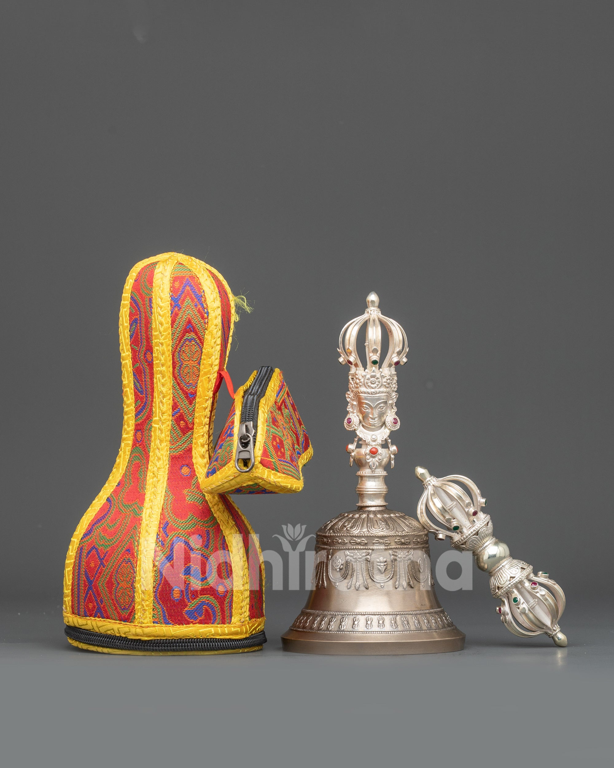 Front view Tibetan Vajra and Ghanta Set bronze bell silver vajra for rituals
