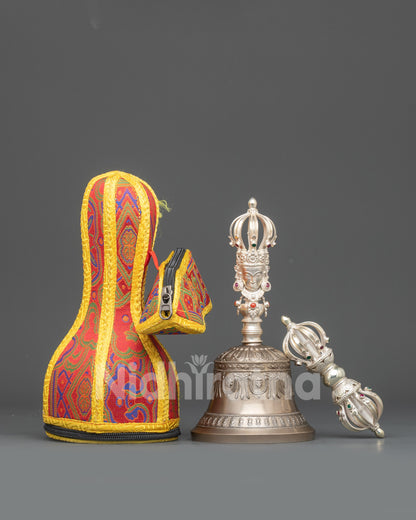 Front view Tibetan Vajra and Ghanta Set bronze bell silver vajra for rituals