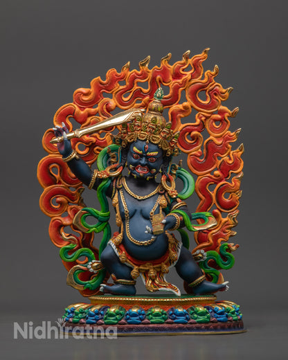 Front view Tibetan Wrathful Manjushri Statue with gold-plated finish and dark blue body

