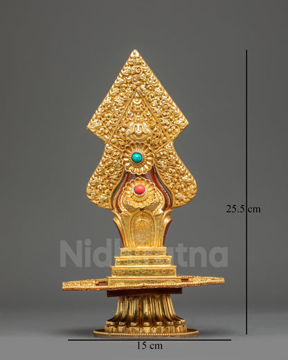 Front view Tibetan copper Torma offering with gold plating for Vajrayana Buddhist altar