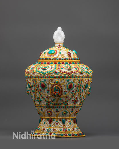 Front view Tibetan rice pot with silver plating, gold filigree and gemstone inlays