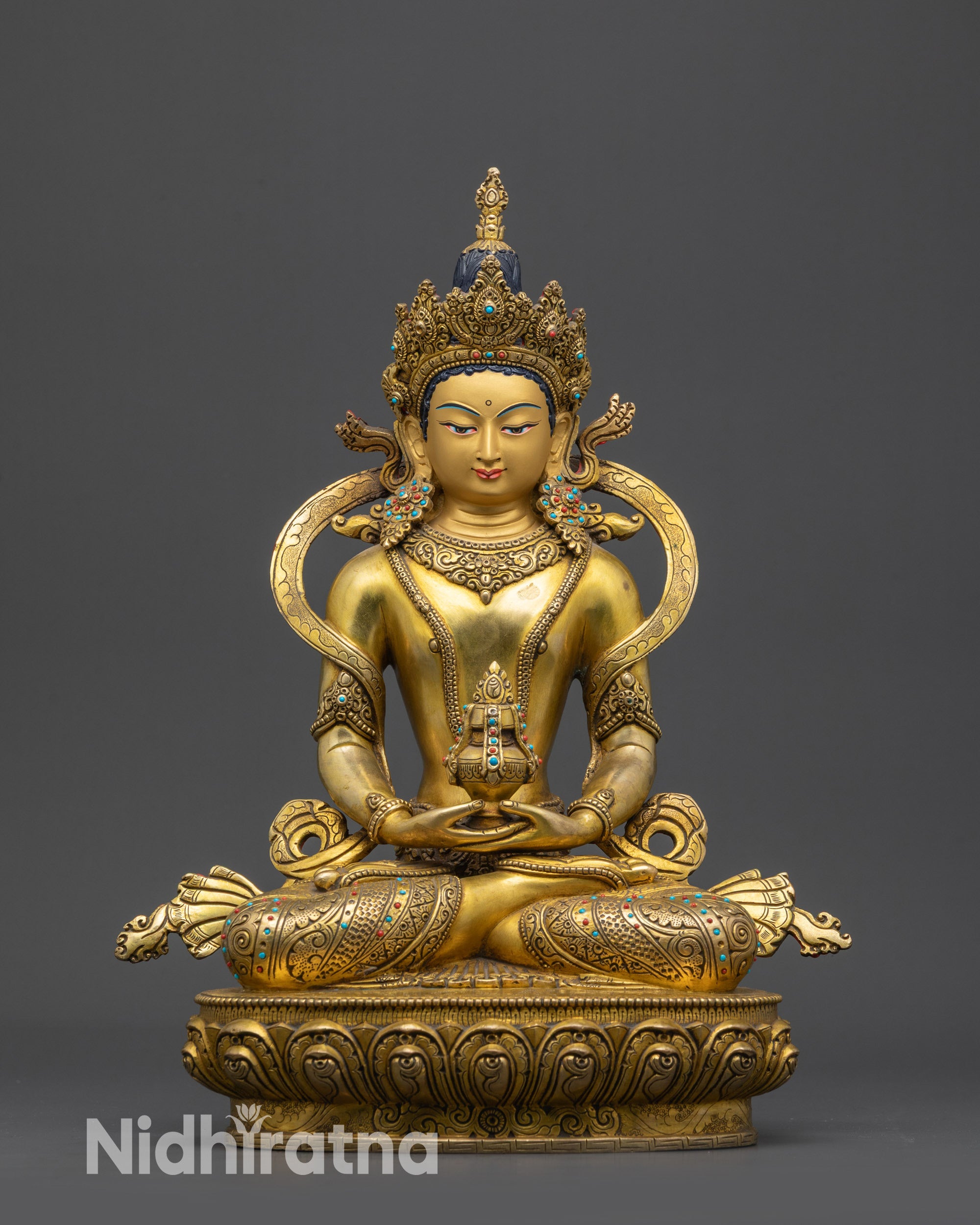 Front view Traditional Amitayus Statue with gold-gilded face and lotus seat