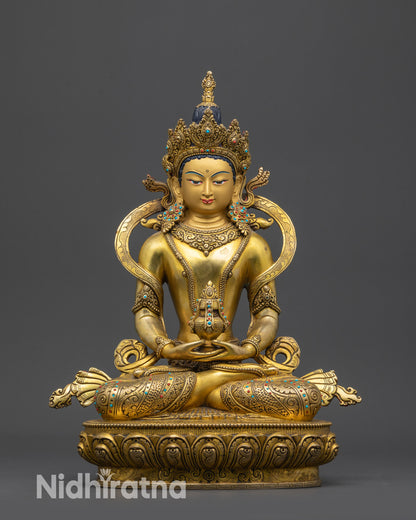 Front view Traditional Amitayus Statue with gold-gilded face and lotus seat