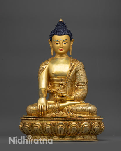 Front view Traditional Buddha Shakyamuni statue gold-gilded on copper lotus moon disc