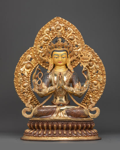 Front view Traditional Chenrezig Statue with gold-gilded face and four arms
