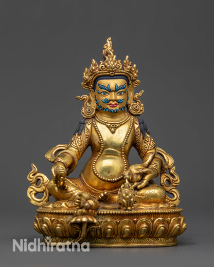 Front view Traditional Dzambhala Statue with gold-gilded face and lotus seat
