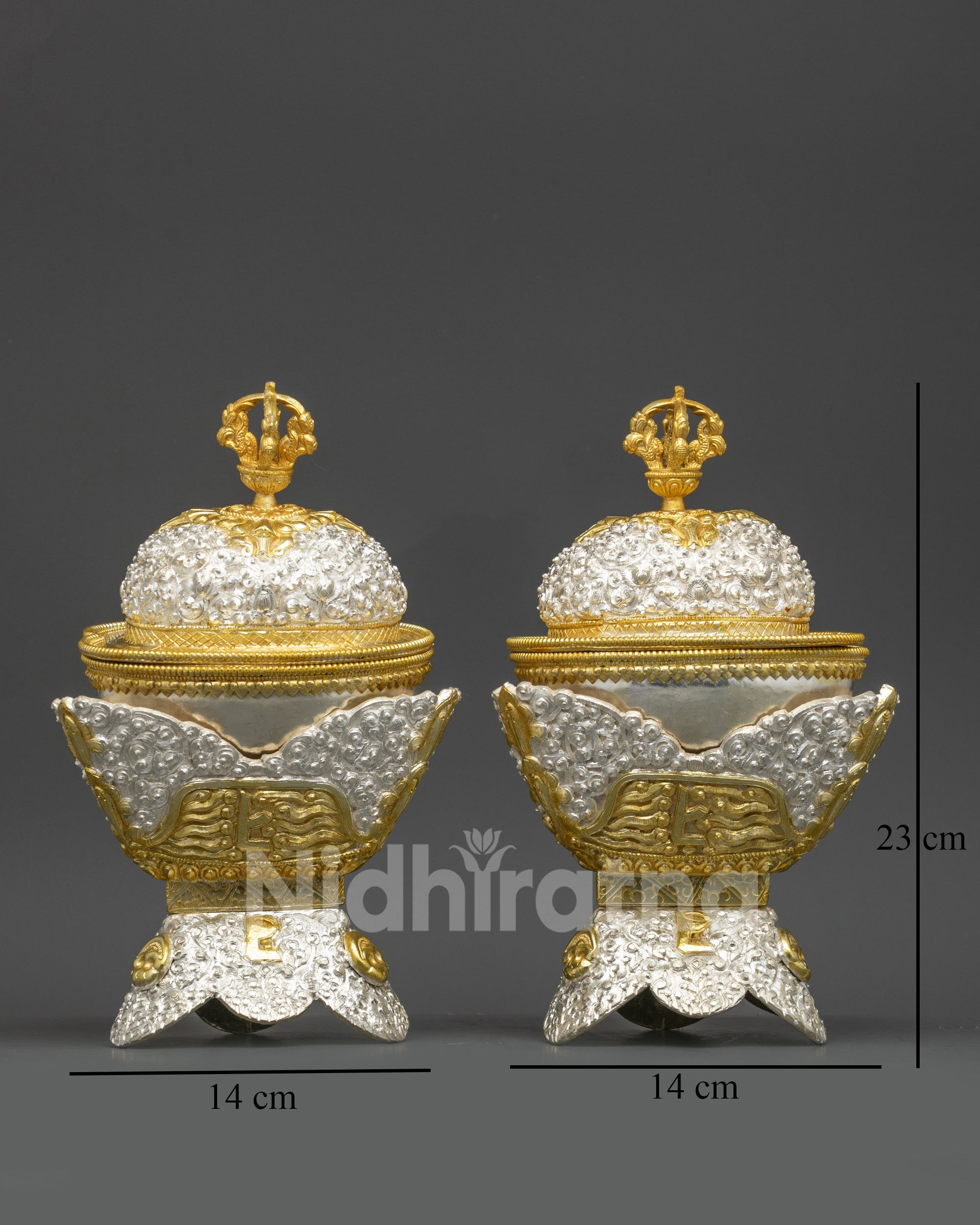 Front view Traditional Himalayan Kapala Set with silver and gold filigree design