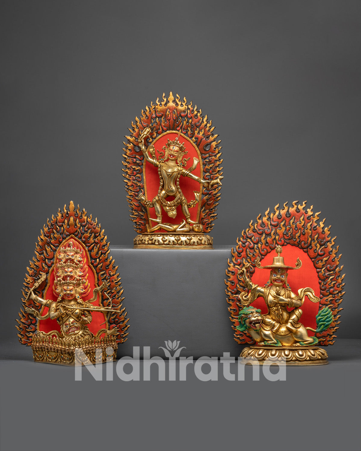Front view Traditional Rahula Set statues gold gilded handmade Buddhist protectors
