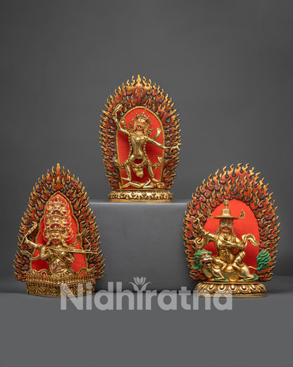 Front view Traditional Rahula Set statues gold gilded handmade Buddhist protectors
