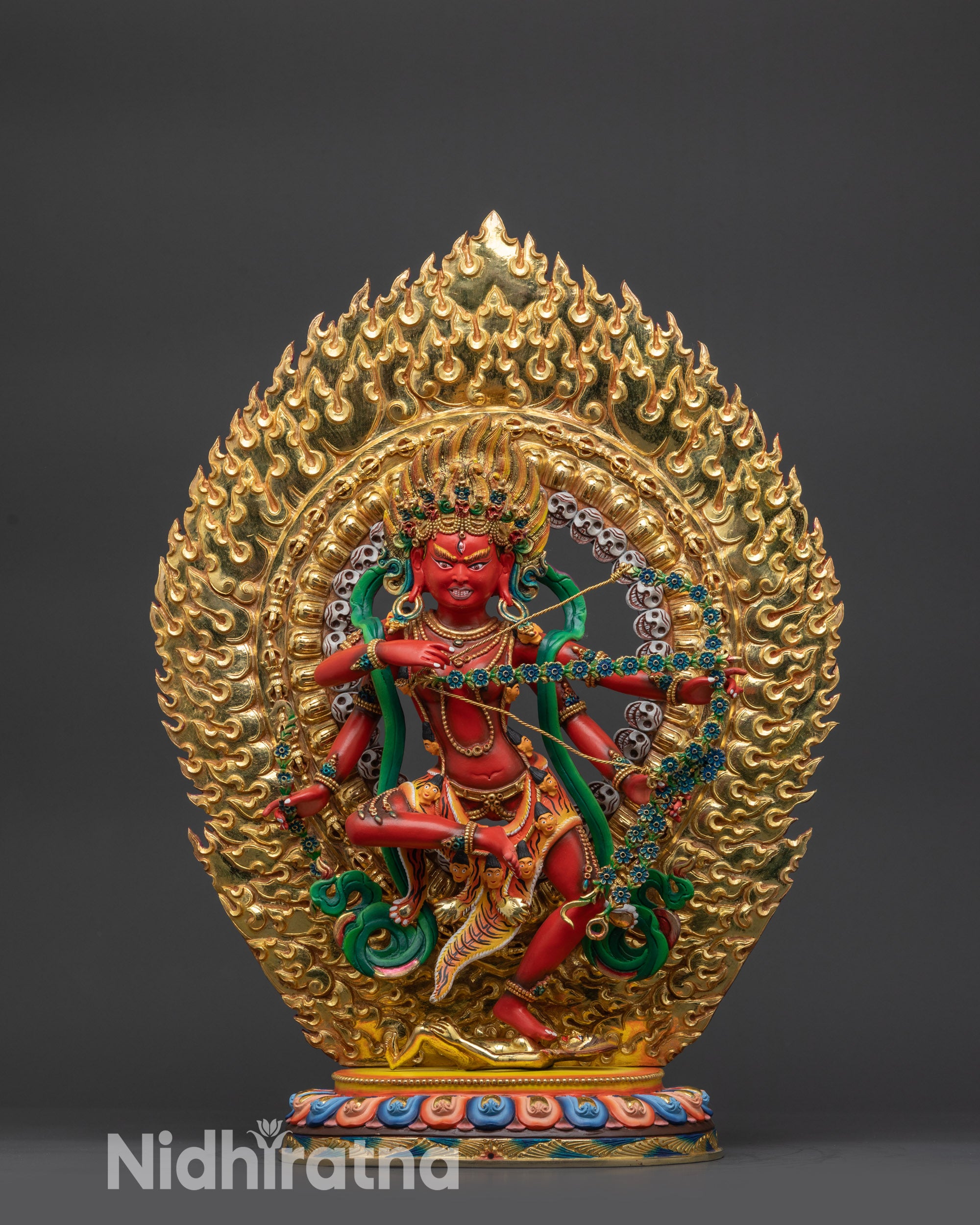 Front view Traditional Red Kurukulla Statue handmade Goddess of Empowerment Nepal