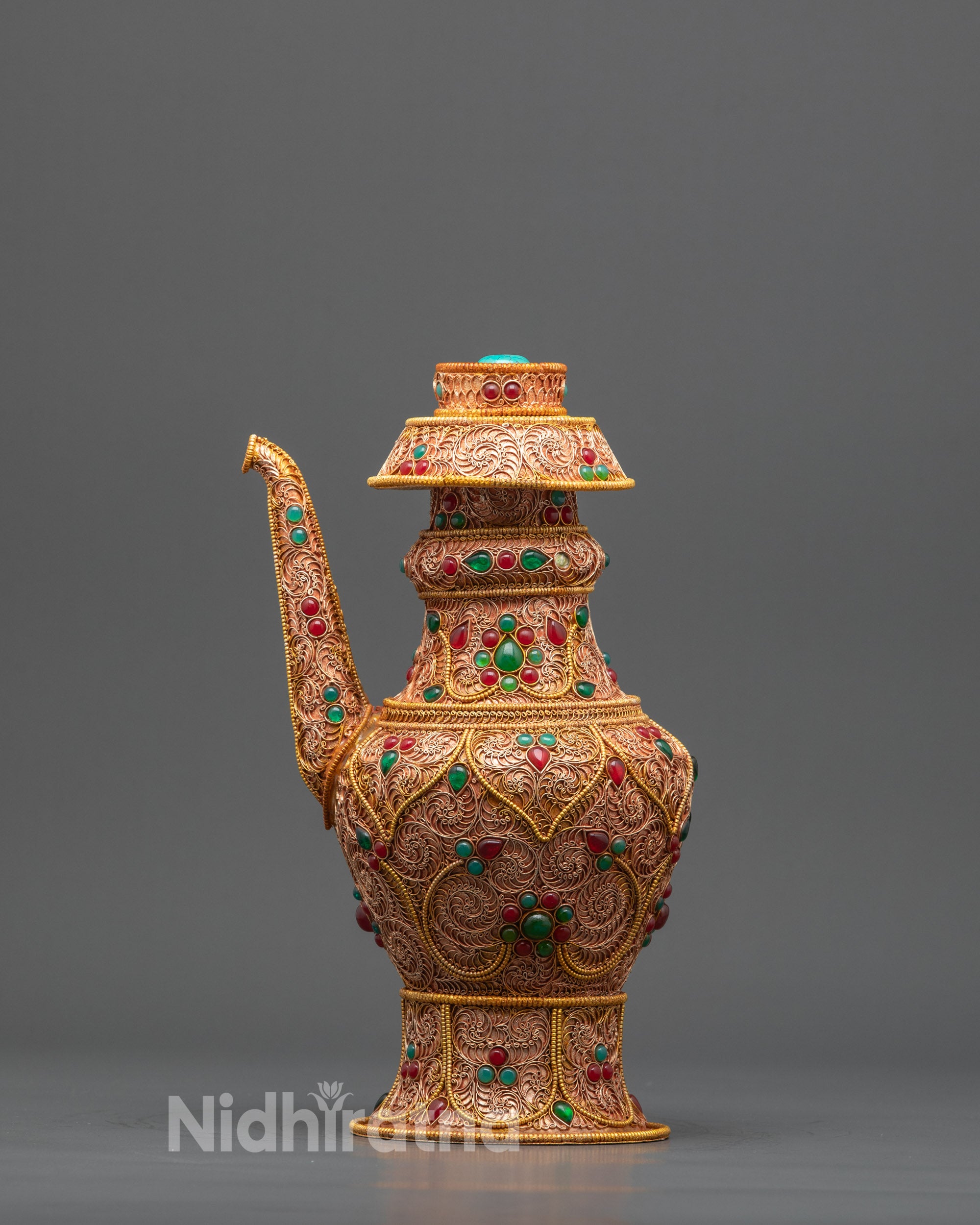 Front view Traditional Water Offering Karuwa Bhumba with gold-plated filigree and gemstones

