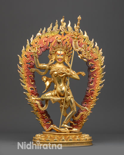 Front view Troma Nangmo Statue with gold-gilded face, wrathful expression, and lotus seat
