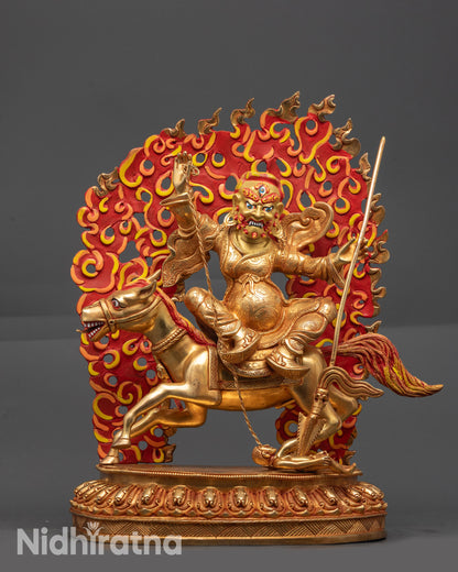Front view Tsengo Rolpa Chudan Statue with gold-gilded face and warrior pose on horse