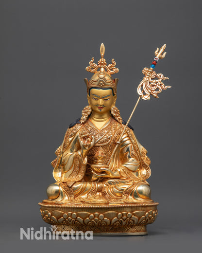 Front view Tsokye Dorje Statue on lotus pedestal with gold-gilded face and intricate robes
