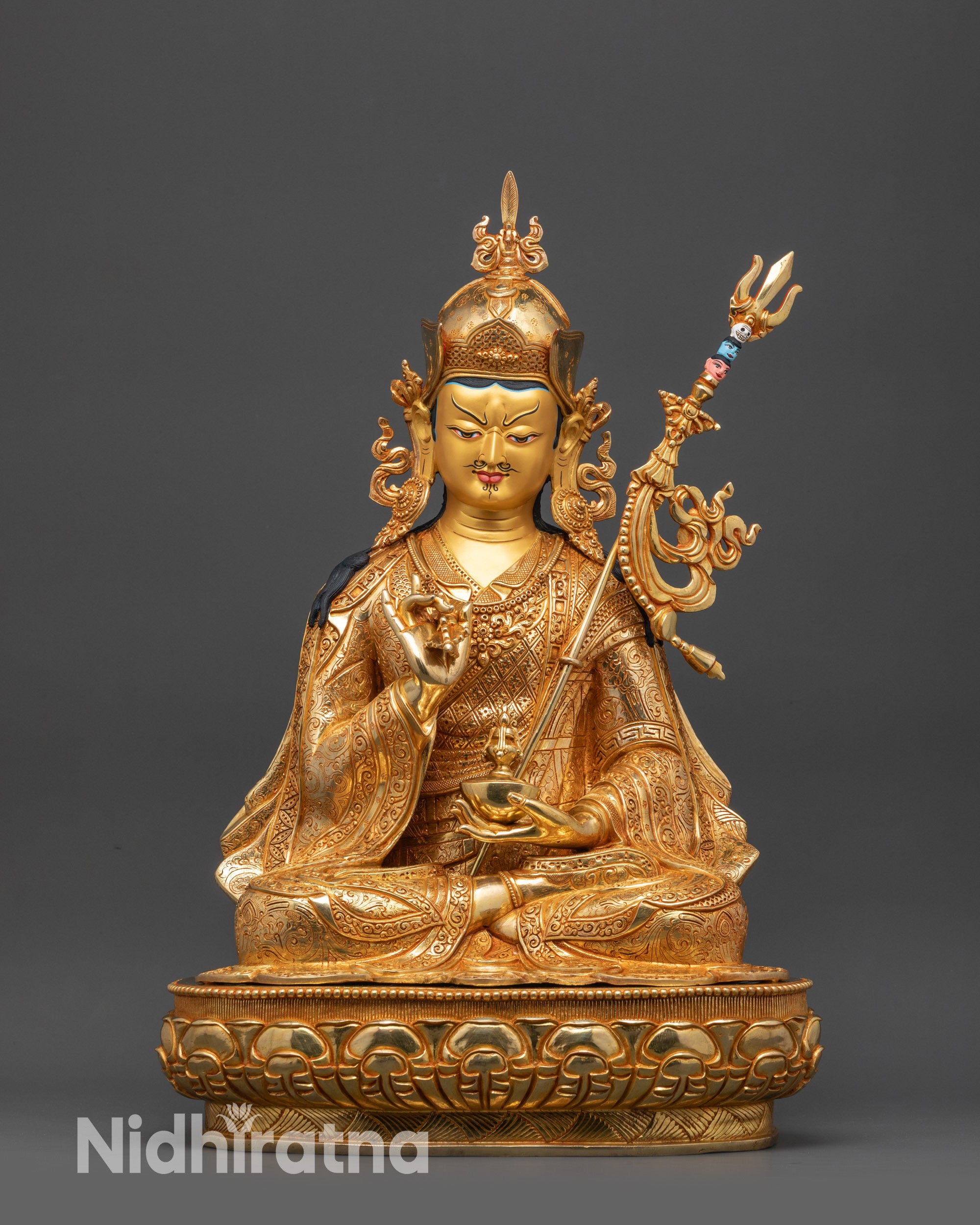 Front view Tsokye Dorje Statue with wrathful gold-gilded face and lotus hat
