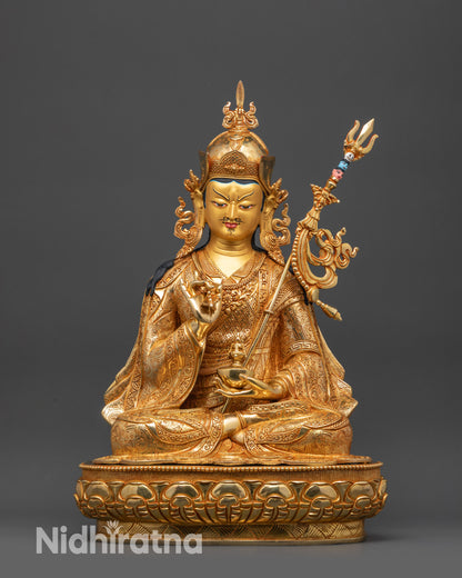 Front view Tsokye Dorje Statue with wrathful gold-gilded face and lotus hat
