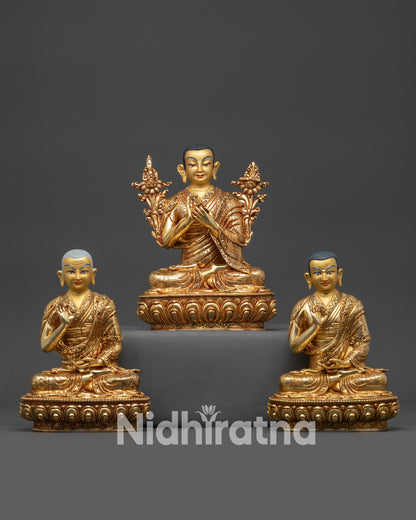Front view Tsong Khapa Statue Set with Je Tsongkhapa, Gyaltsab Je & Khedrup Je