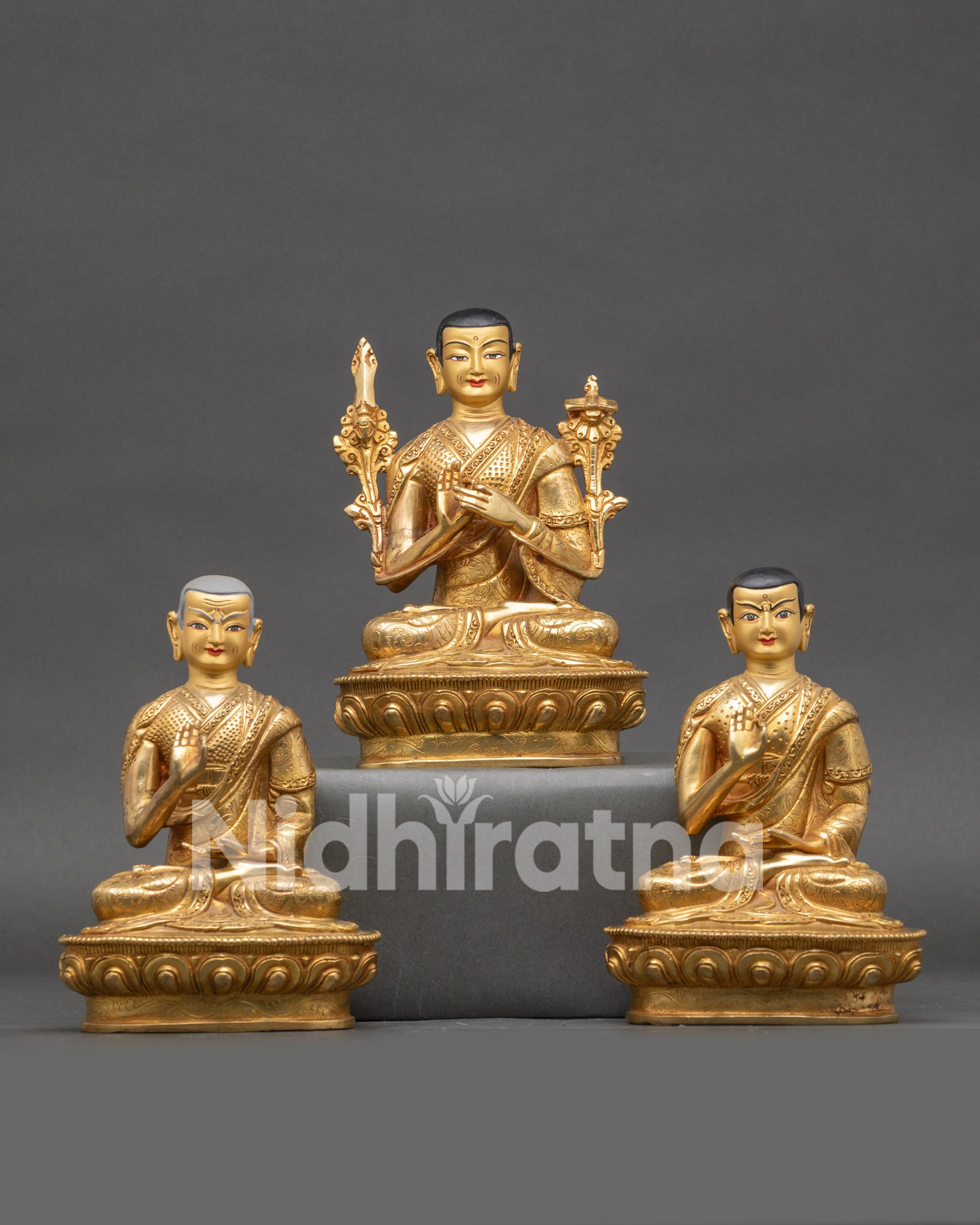 Front view Tsongkhapa statue set with Gyaltsab Je and Khedrup Je Nepalese art