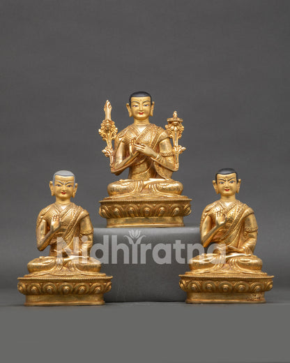 Front view Tsongkhapa statue set with Gyaltsab Je and Khedrup Je Nepalese art